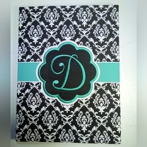 Monogrammed D Black White Aqua Damask Notebook File Legal Tablet Journal Folder